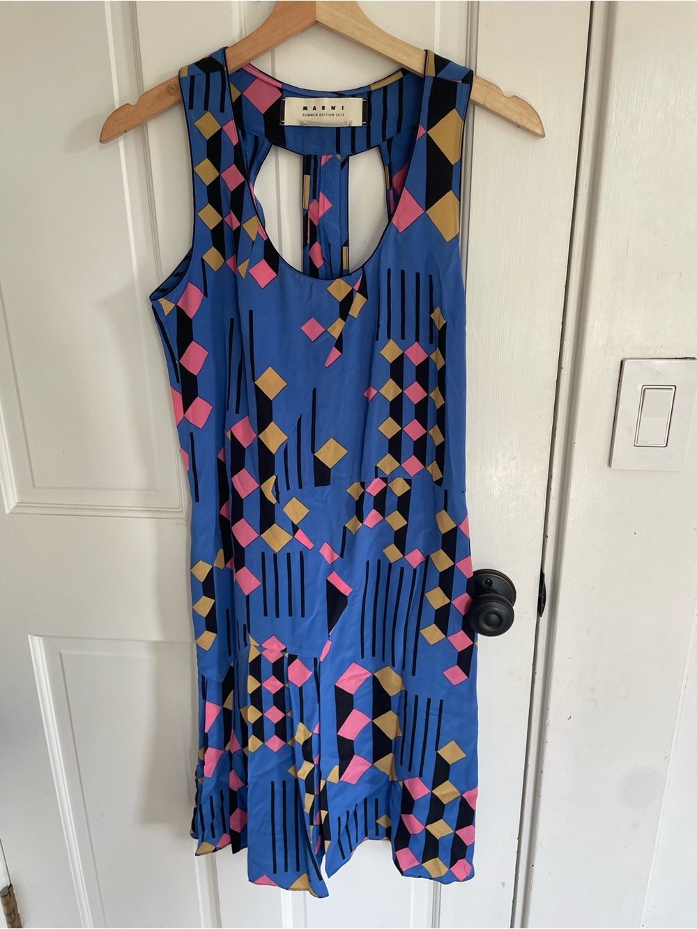 MARNI 100% Silk Dress Geometric Print Blue with Pink and Gold Accents